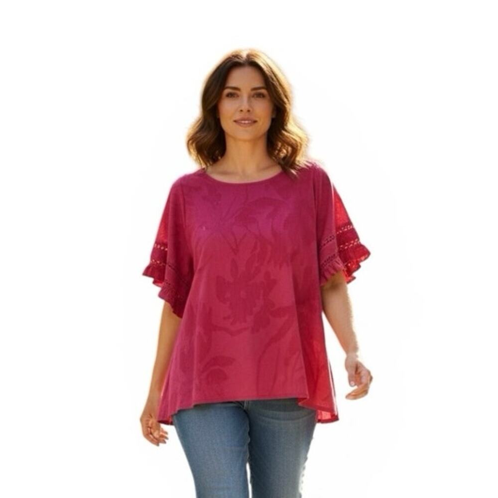 Chicos Pink Textured Summer Sweater Butterfly Sleeves Size 2 /US Large